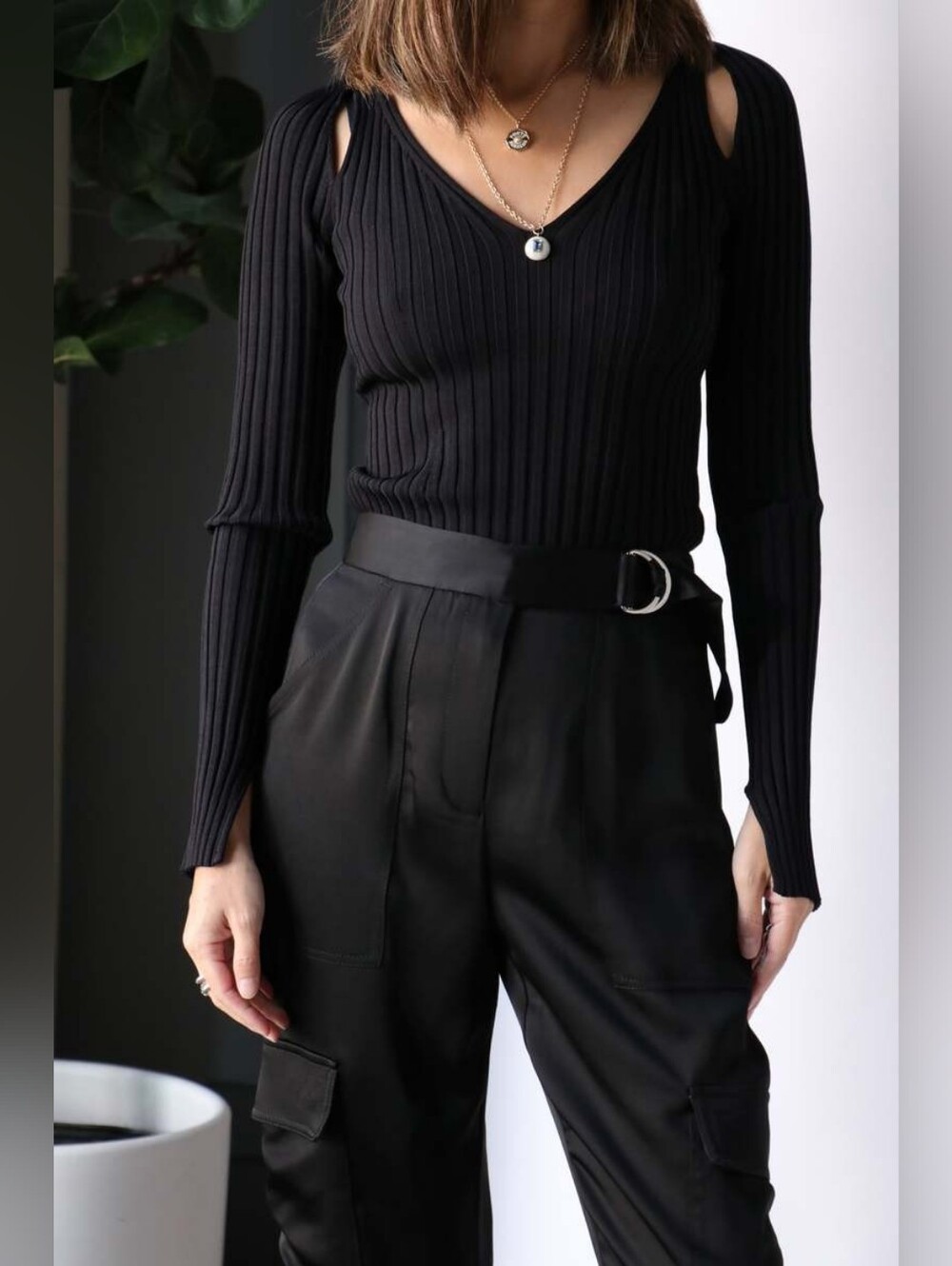 Jonathan Simkhai Black Sylvie Top Ribbed Cutout Sleeve NWT Size L
